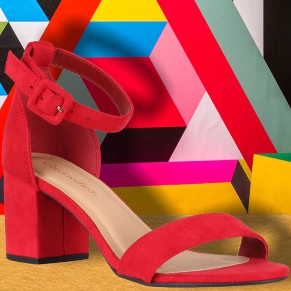 BEST SELLER Cake Bright Red Suede Buckle Chunky Sandal Heel Nu Shuz Key West - Picture 4 of 5